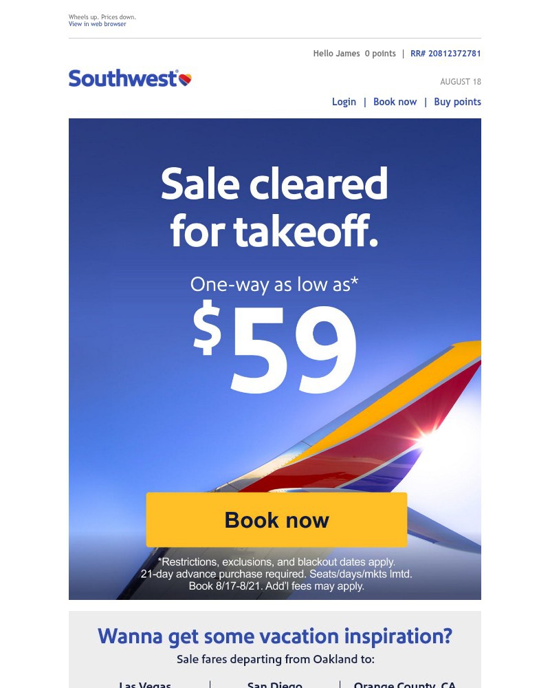 Screenshot of email sent to a Southwest Registered user