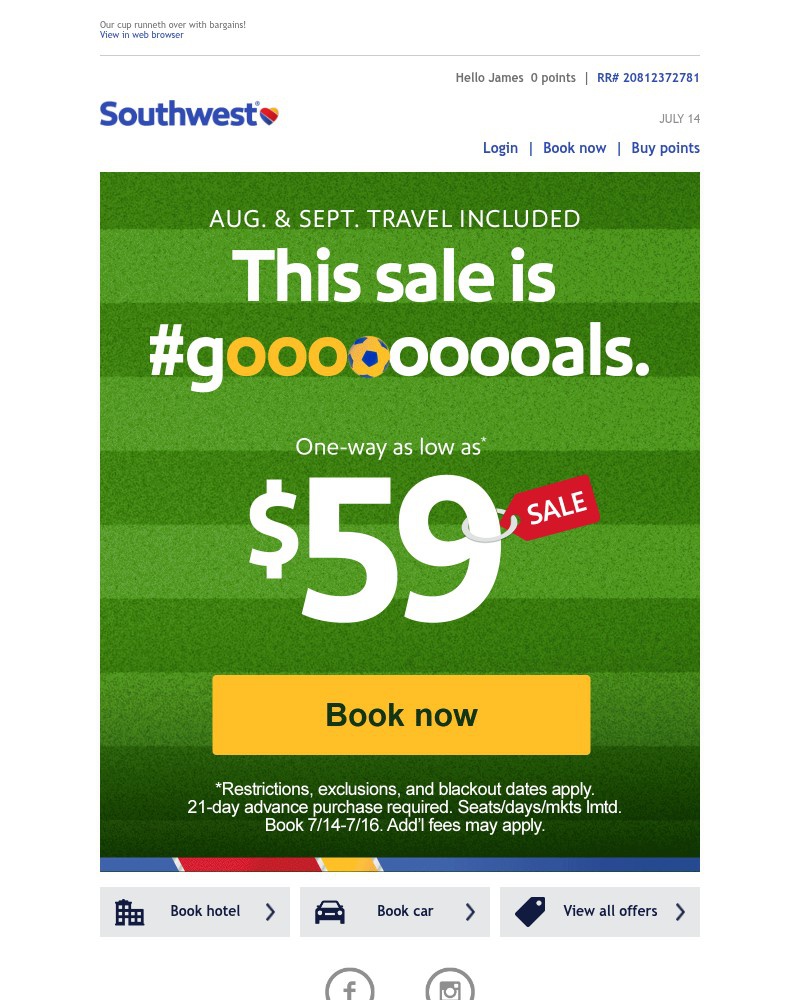 Screenshot of email sent to a Southwest Registered user