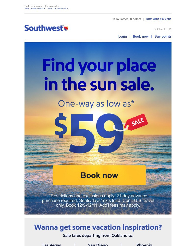 Screenshot of email sent to a Southwest Registered user