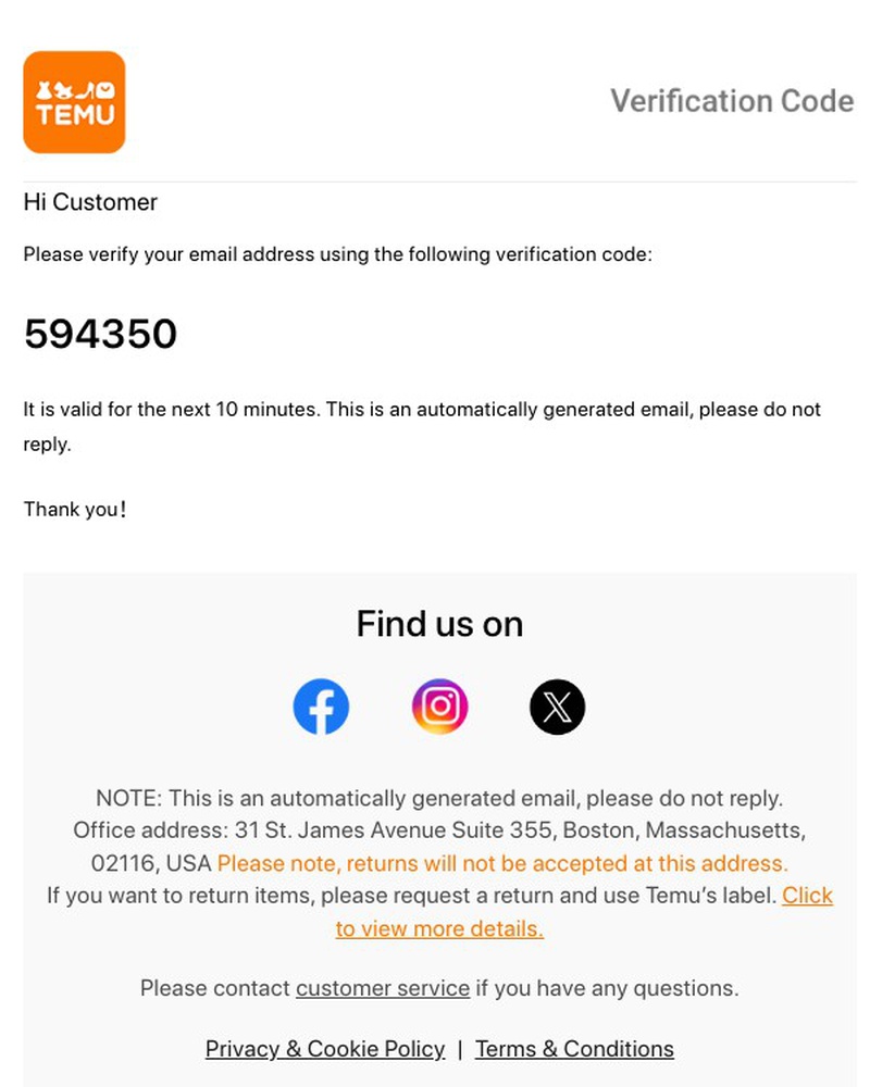 Screenshot of email sent to a Temu Registered user