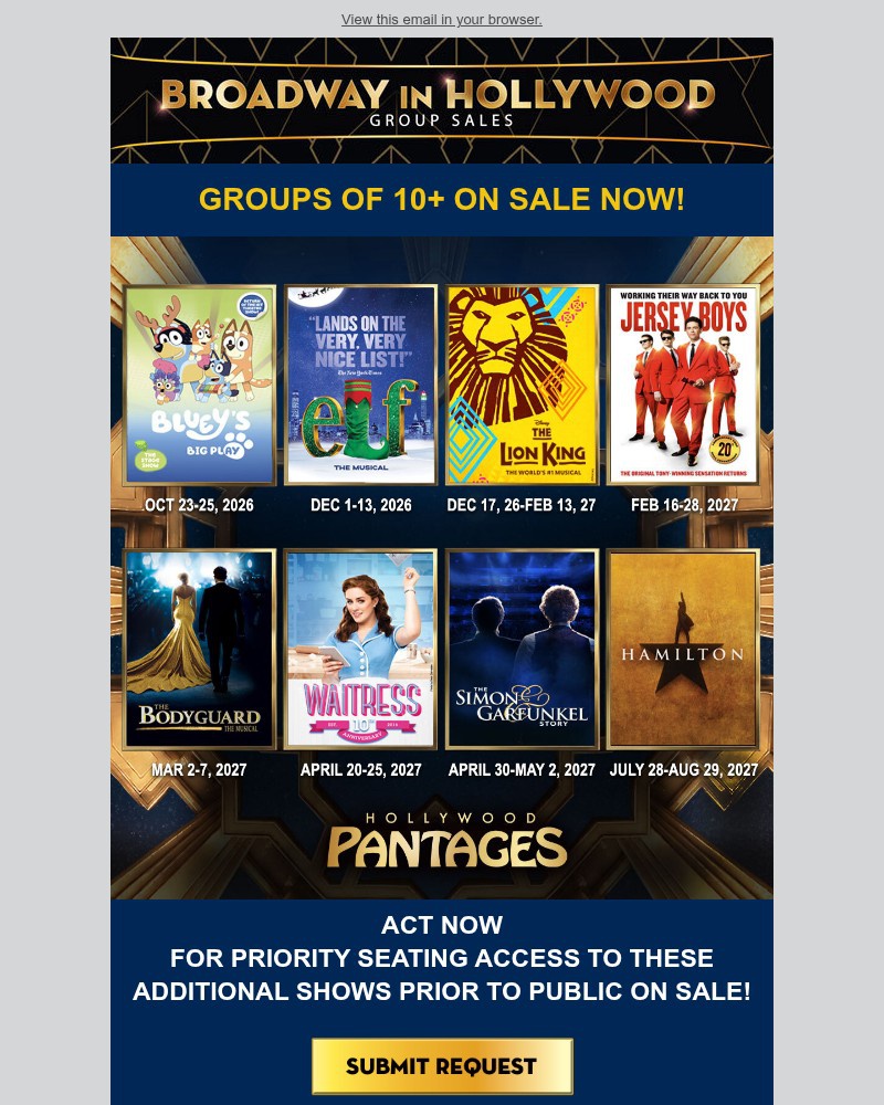 Screenshot of email sent to a Broadway in Hollywood Newsletter subscriber