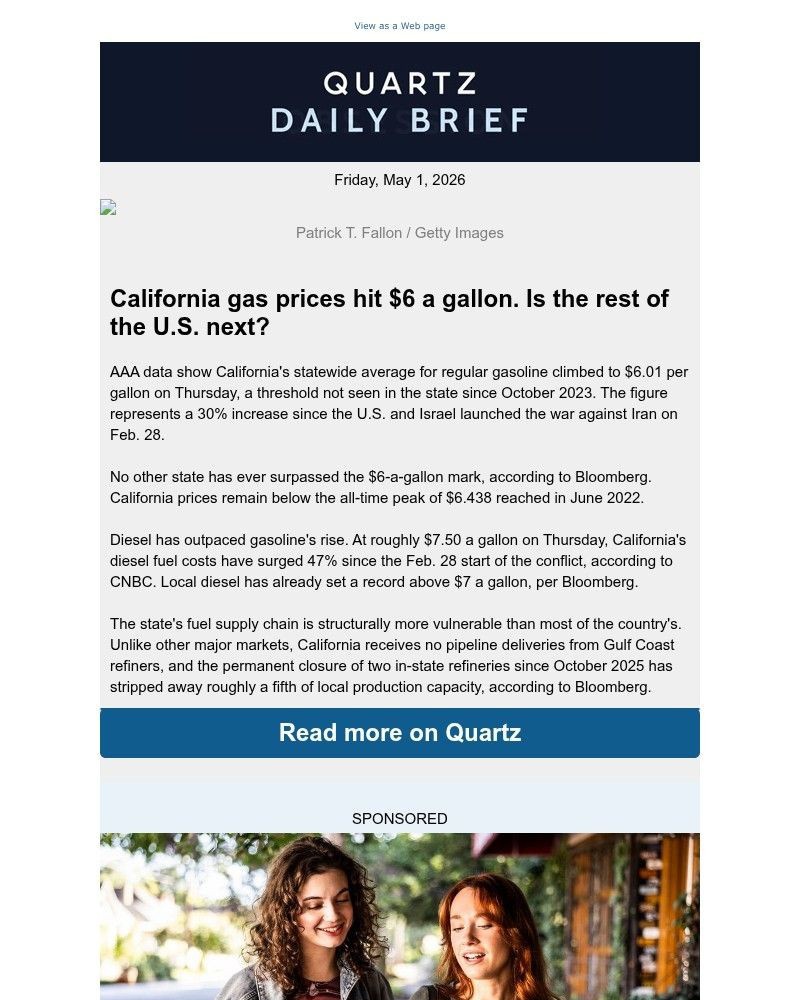 Screenshot of email sent to a Quartz Newsletter subscriber