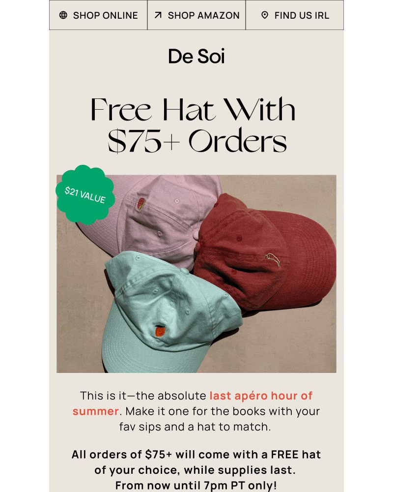 Screenshot of email with subject /media/emails/6-hours-only-free-hat-on-orders-75-691dff-cropped-b5ced586.jpg