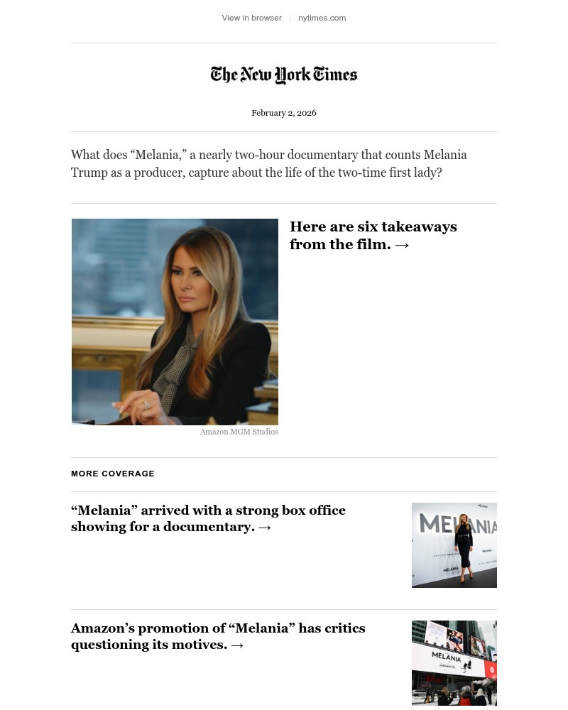 Screenshot of email with subject /media/emails/6-takeaways-from-melania-the-documentary-about-the-first-lady-4e3583-cropped-90f90227.jpg