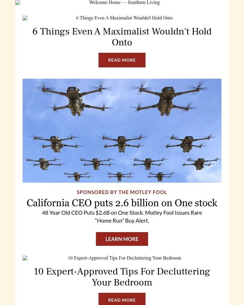 Screenshot of email sent to a Southern Living Newsletter subscriber