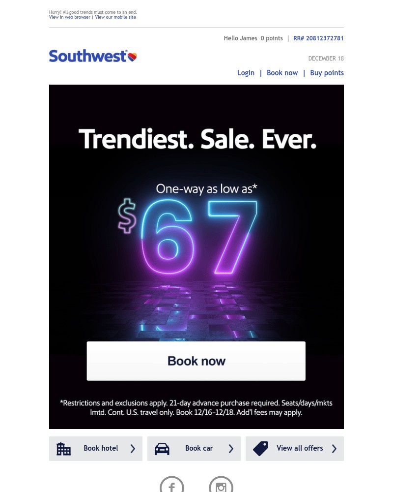 Screenshot of email sent to a Southwest Registered user