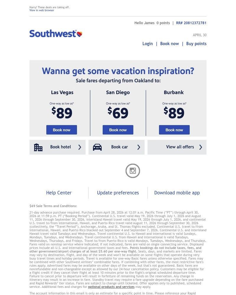 Screenshot of email sent to a Southwest Registered user