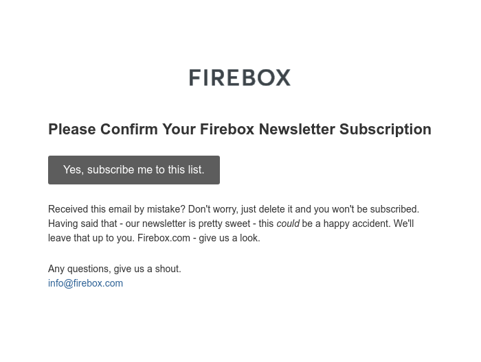Screenshot of email sent to a Firebox Newsletter subscriber
