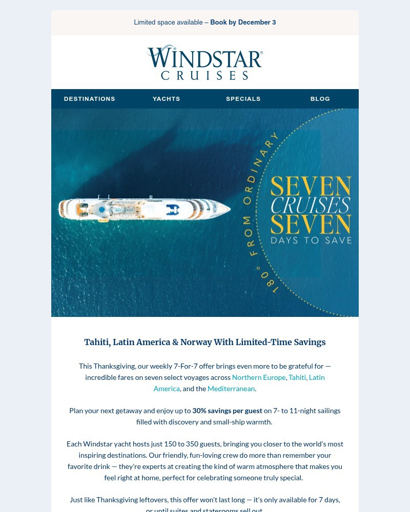 Screenshot of email sent to a Windstar Cruises Newsletter subscriber