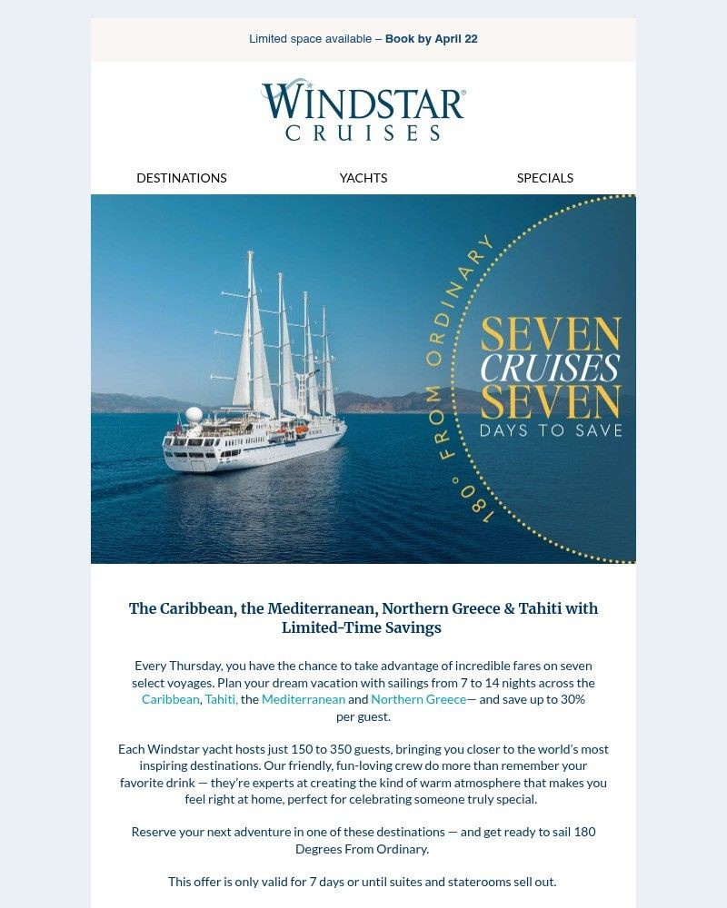Screenshot of email sent to a Windstar Cruises Newsletter subscriber