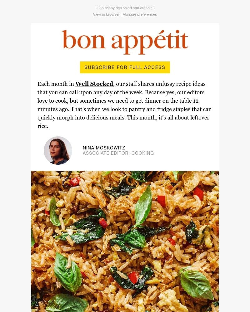 Screenshot of email sent to a Bon Appétit Newsletter subscriber