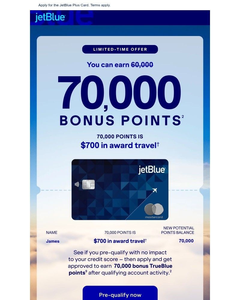 Screenshot of email sent to a JetBlue Registered user