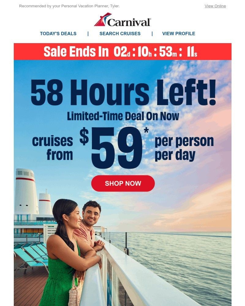Screenshot of email sent to a Carnival Cruise Line Registered user