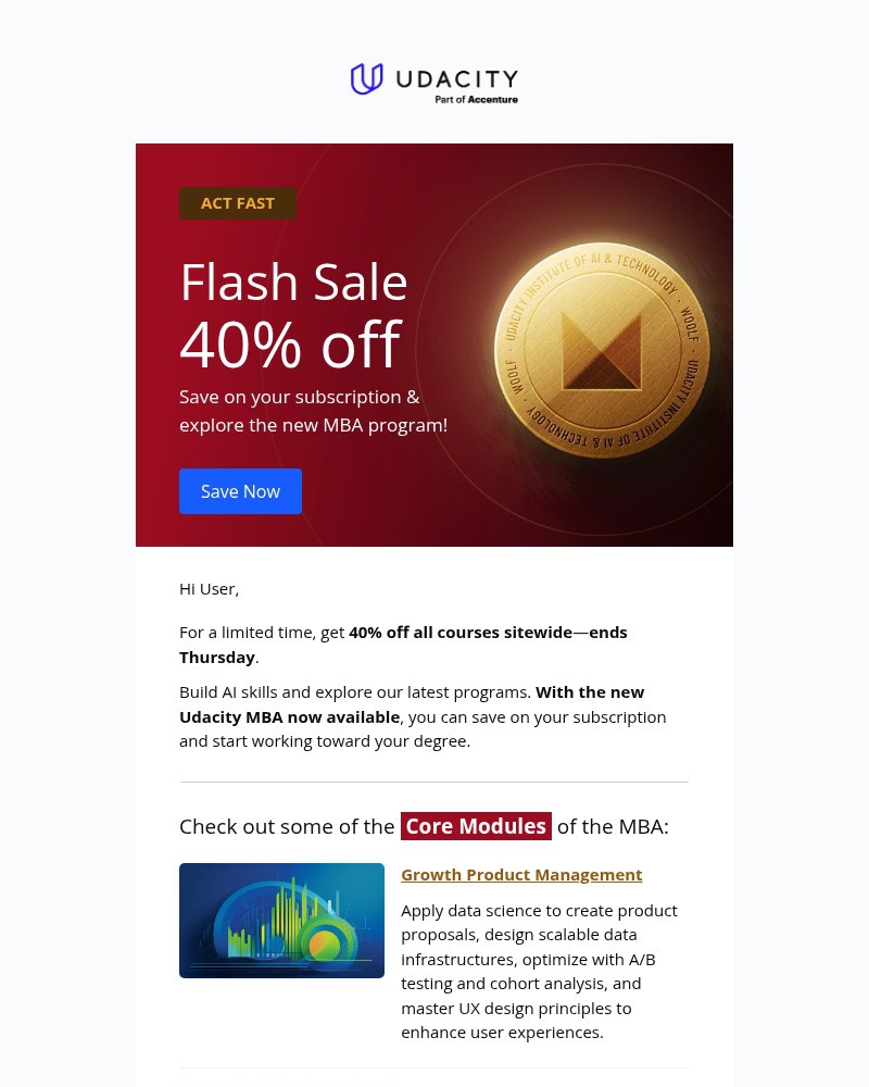 Screenshot of email sent to a Udacity Registered user