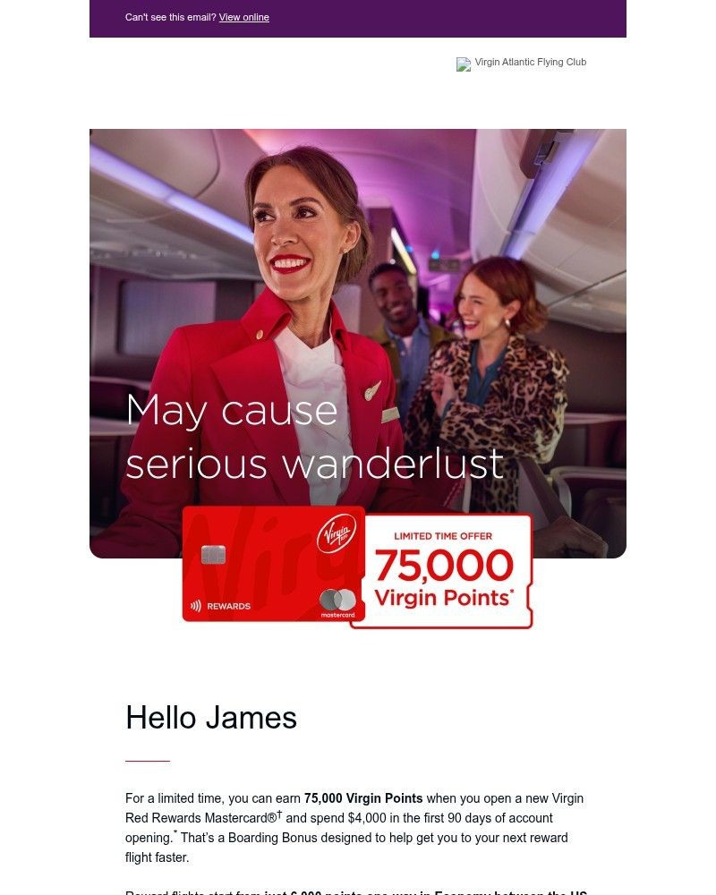 Screenshot of email sent to a Virgin Atlantic Registered user