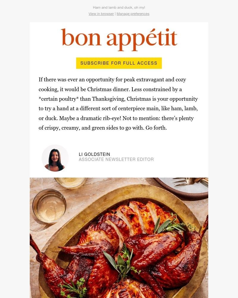 Screenshot of email sent to a Bon Appétit Newsletter subscriber