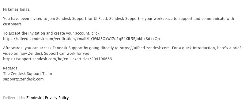 Screenshot of email sent to a Zendesk Invited user