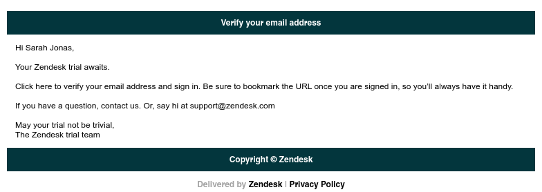 Screenshot of email sent to a Zendesk Trial user