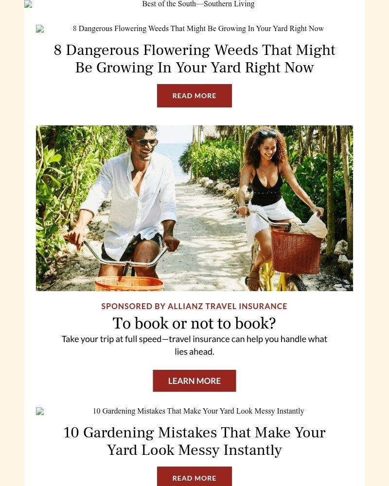 Screenshot of email sent to a Southern Living Newsletter subscriber