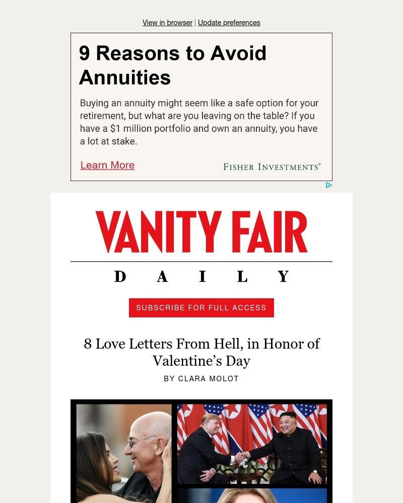 Screenshot of email sent to a Vanity Fair Newsletter subscriber