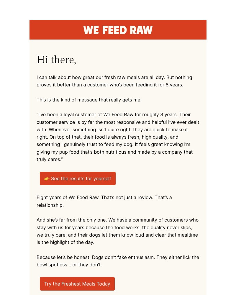 Screenshot of email sent to a We Feed Raw Newsletter subscriber
