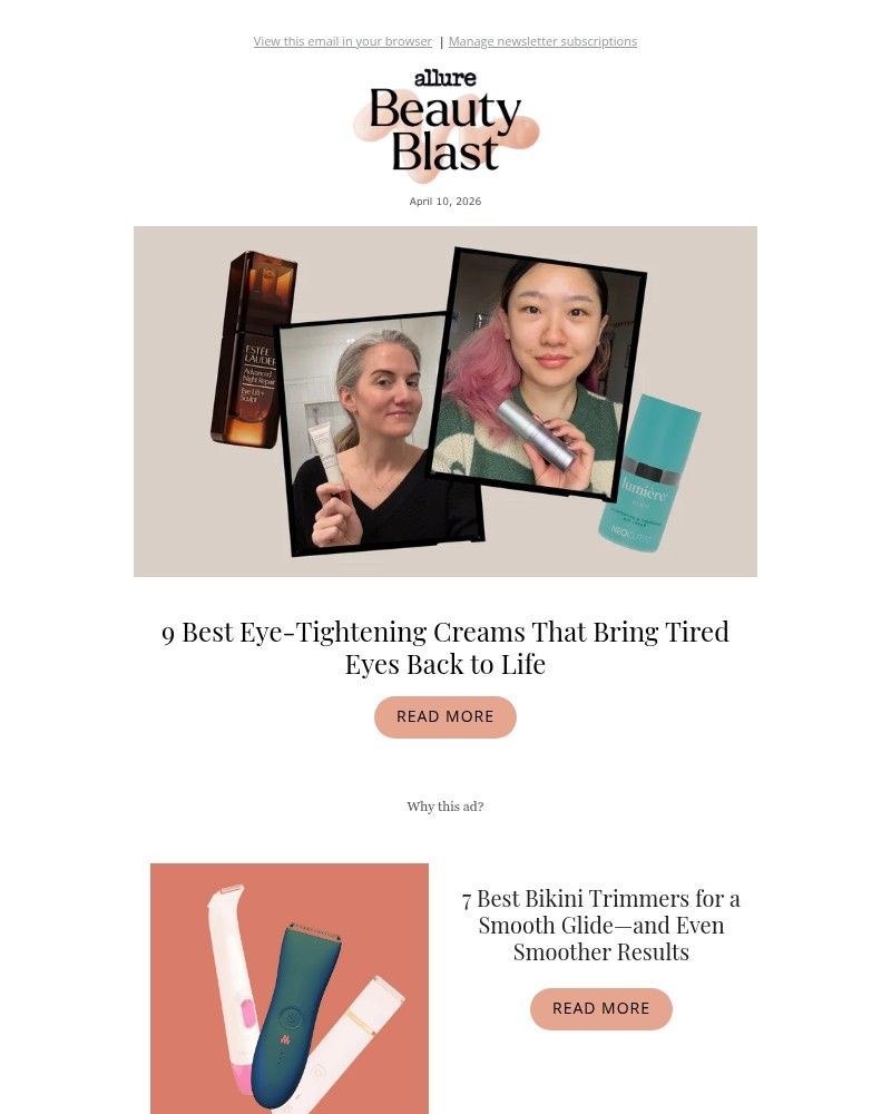 Screenshot of email sent to a allure Newsletter subscriber