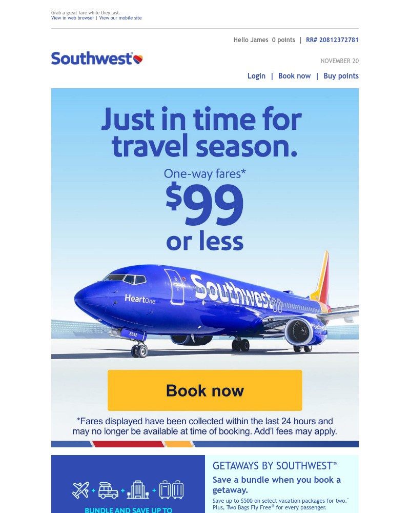 Screenshot of email sent to a Southwest Registered user