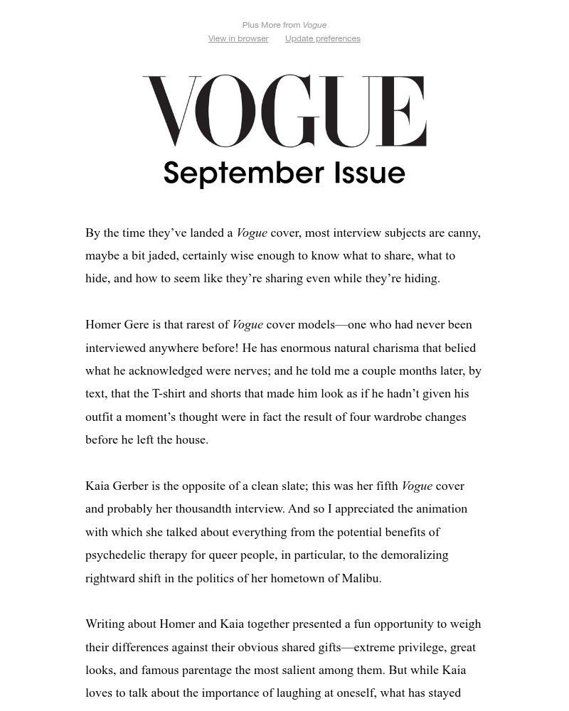 Screenshot of email sent to a Vogue Newsletter subscriber