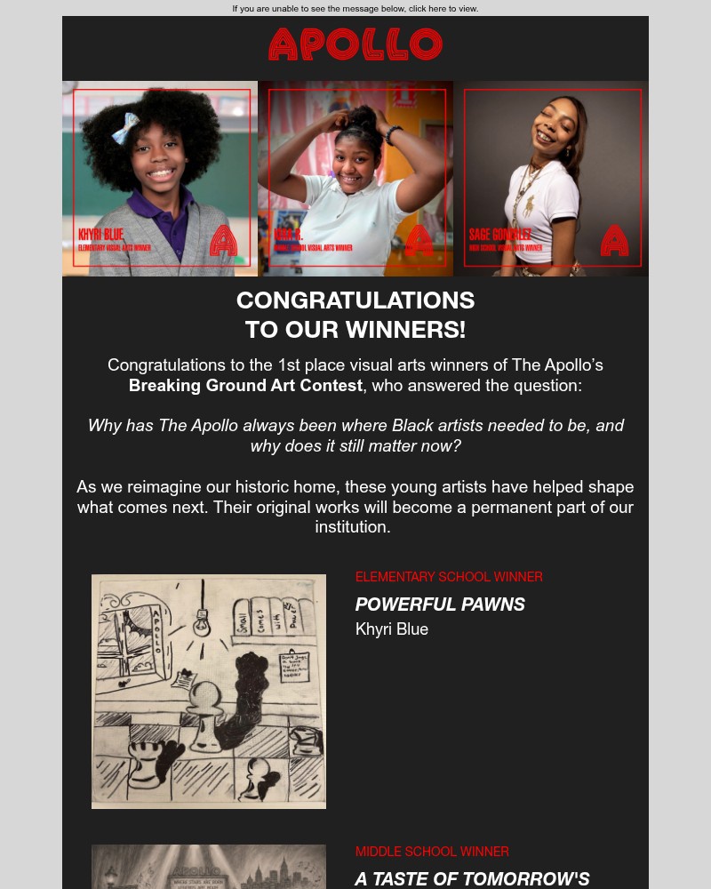 Screenshot of email sent to a Apollo Theater Newsletter subscriber