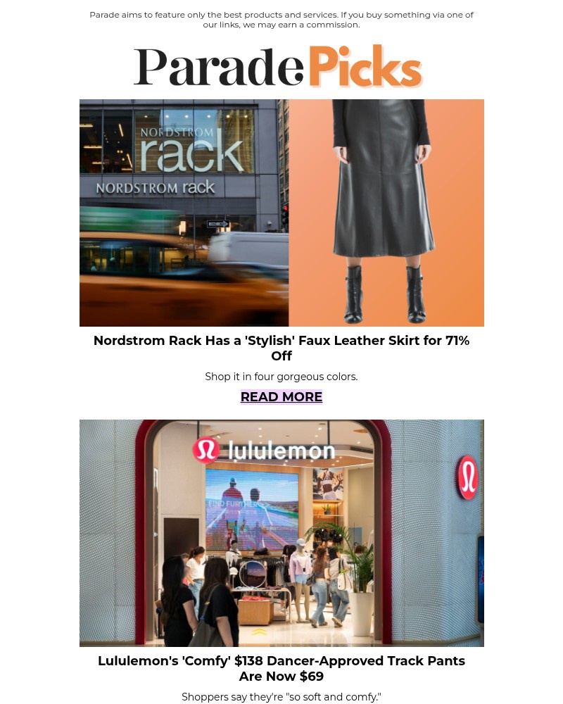 Screenshot of email sent to a Parade Newsletter subscriber