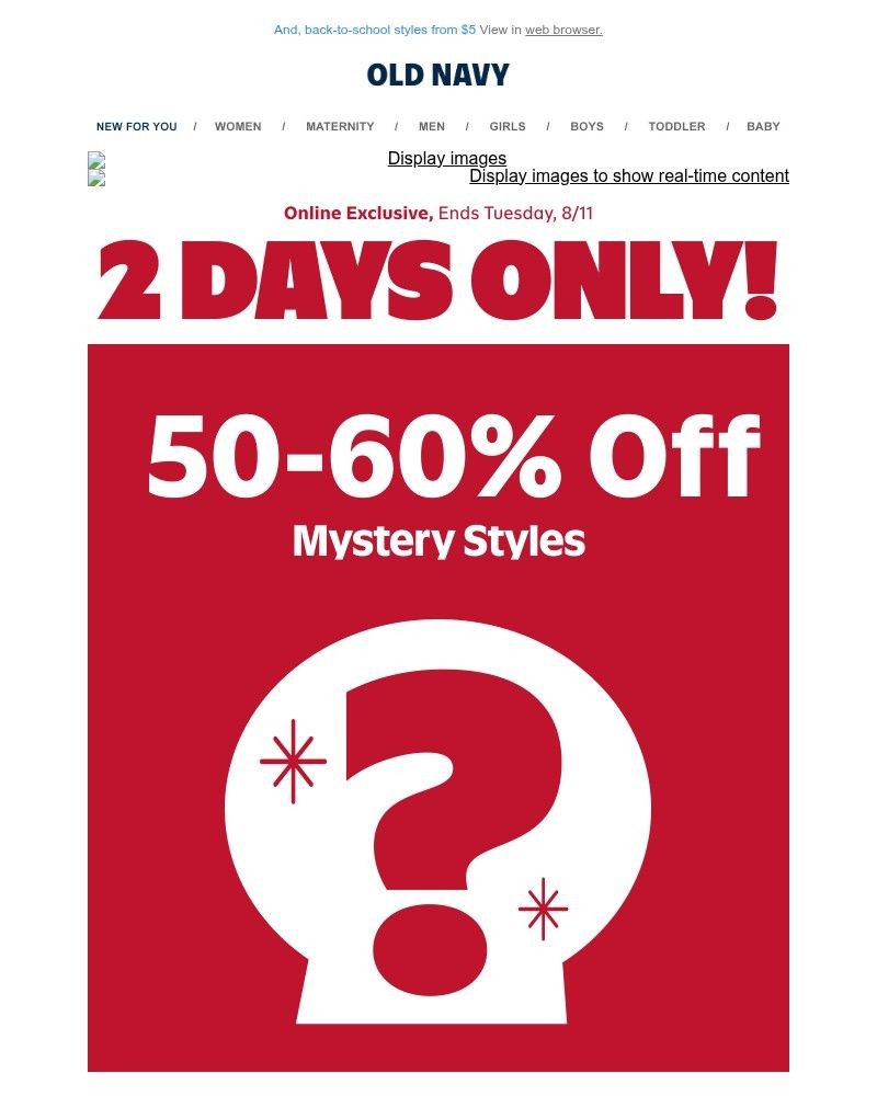 Screenshot of email sent to a Old Navy Newsletter subscriber