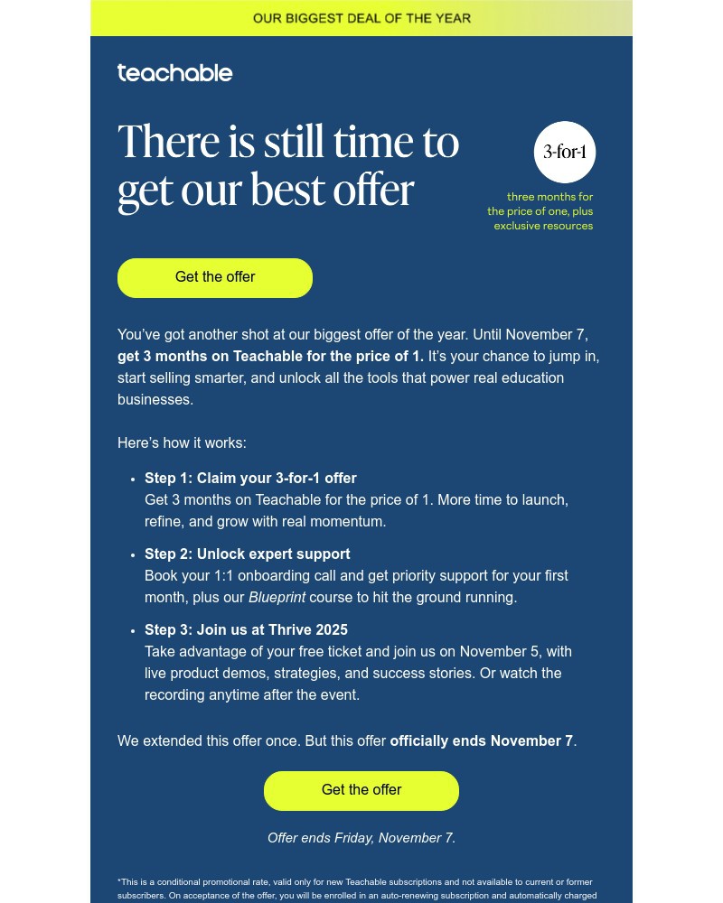 Screenshot of email sent to a Teachable Registered user