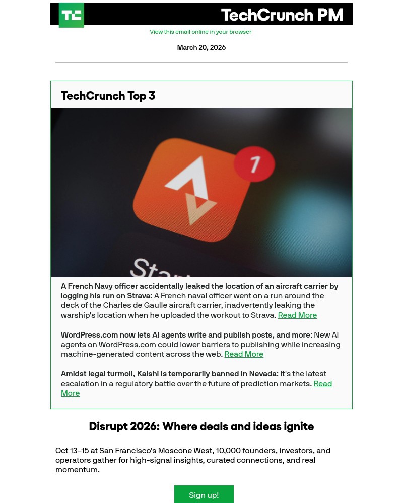 Screenshot of email sent to a Techcrunch Newsletter subscriber