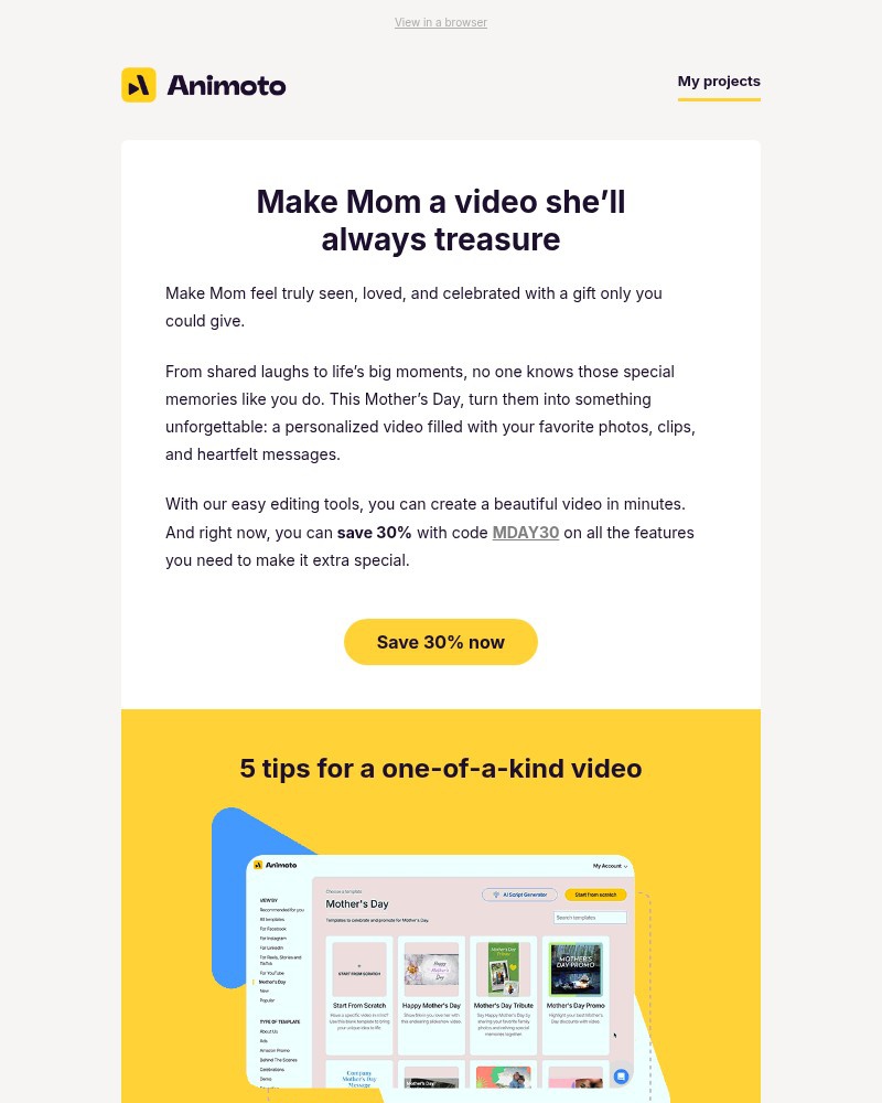 Screenshot of email sent to a Animoto Registered user