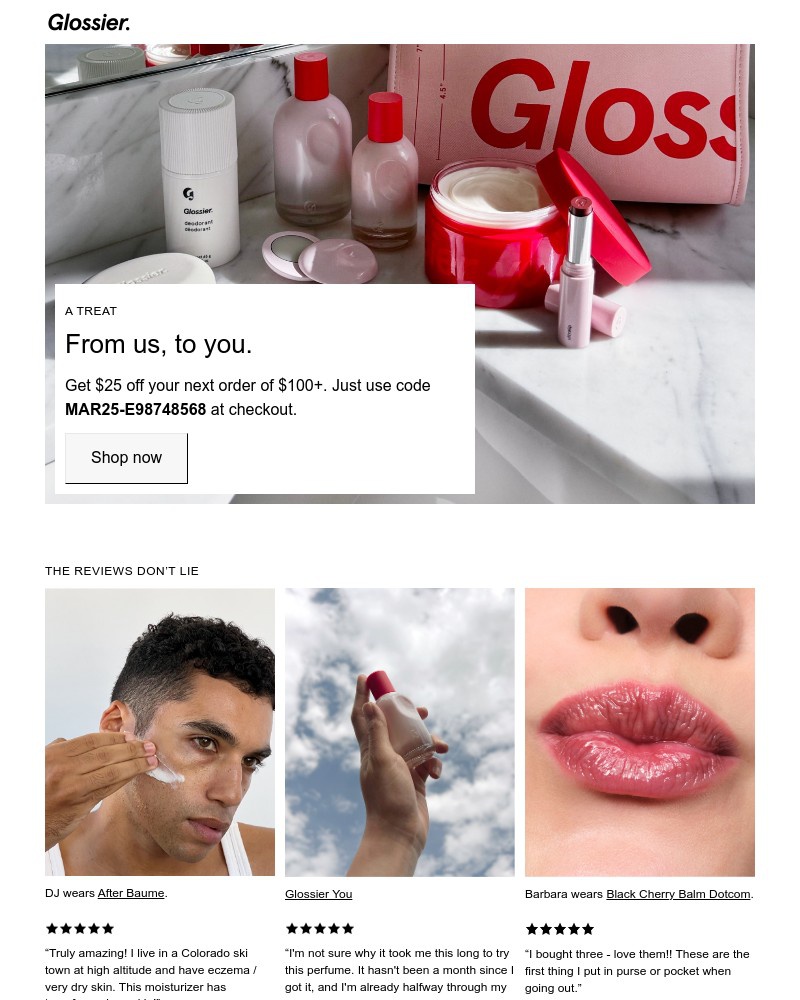 Screenshot of email sent to a Glossier Newsletter subscriber