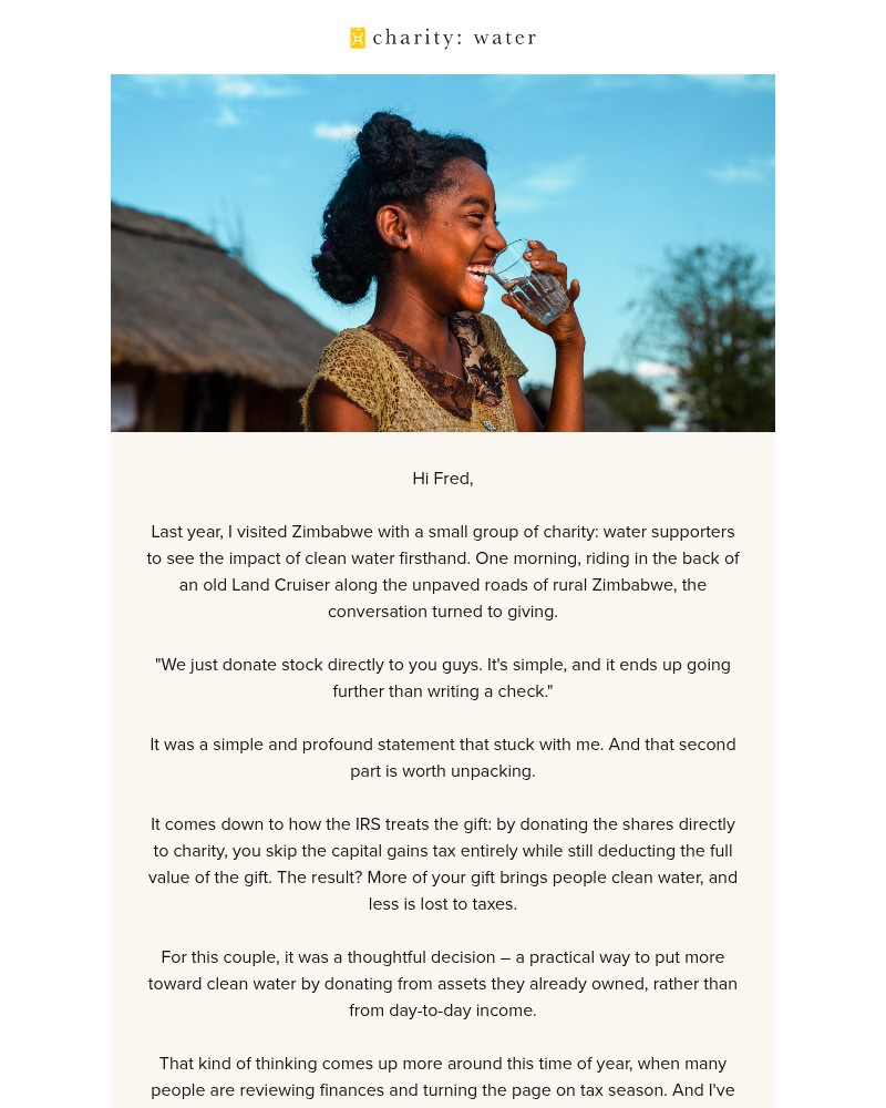 Screenshot of email sent to a Charity Water Newsletter subscriber