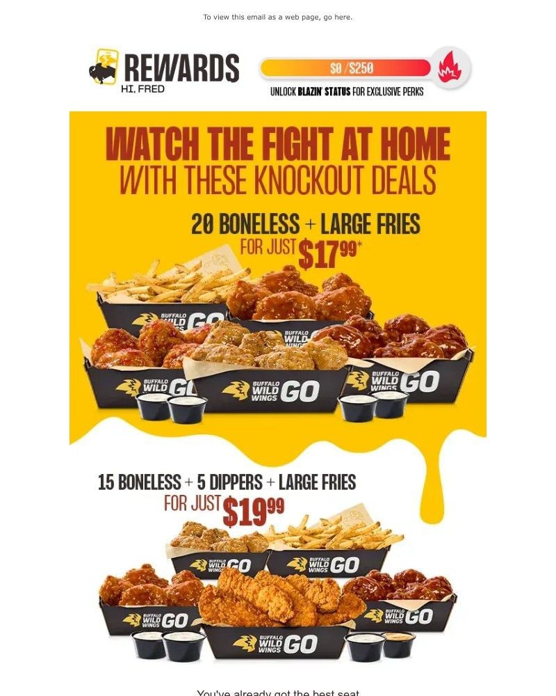 Screenshot of email sent to a Buffalo Wild Wings Registered user