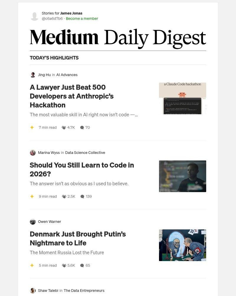 Screenshot of email sent to a Medium Registered user
