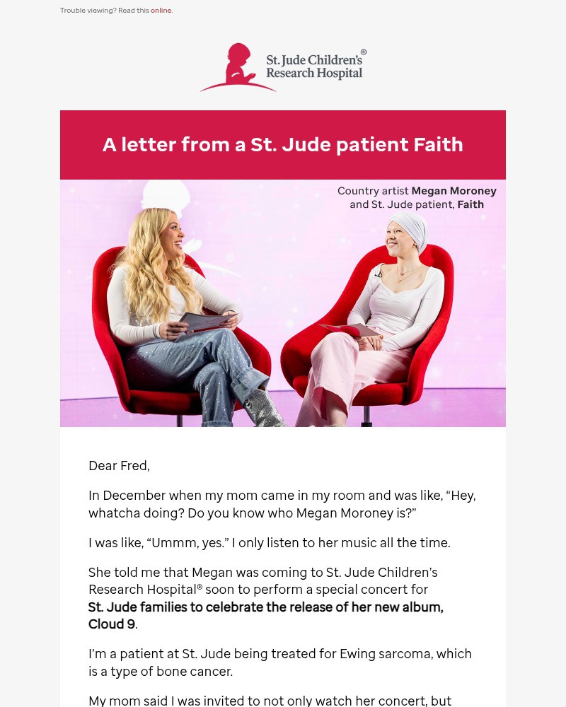 Screenshot of email sent to a St. Jude Newsletter subscriber