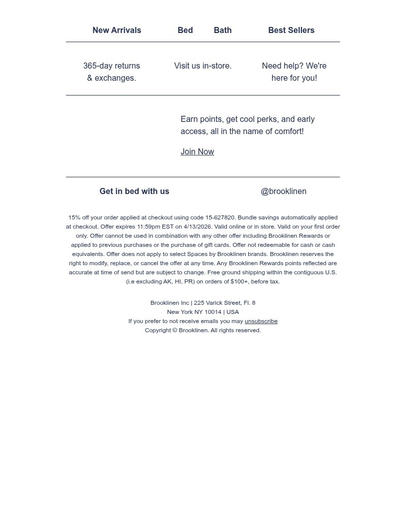 Screenshot of email sent to a Brooklinen Newsletter subscriber