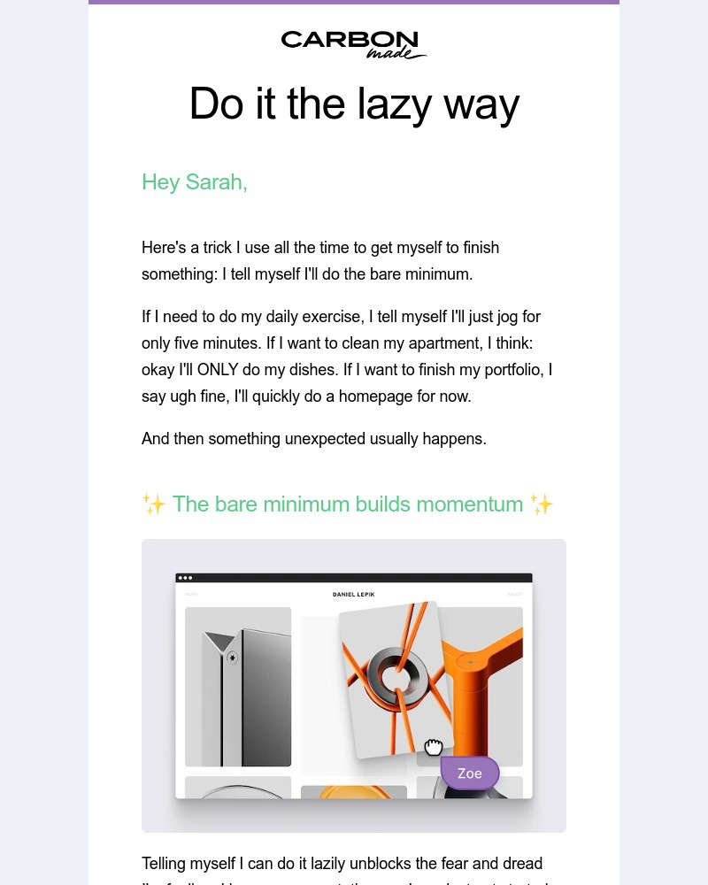 Screenshot of email sent to a Carbonmade Trial user