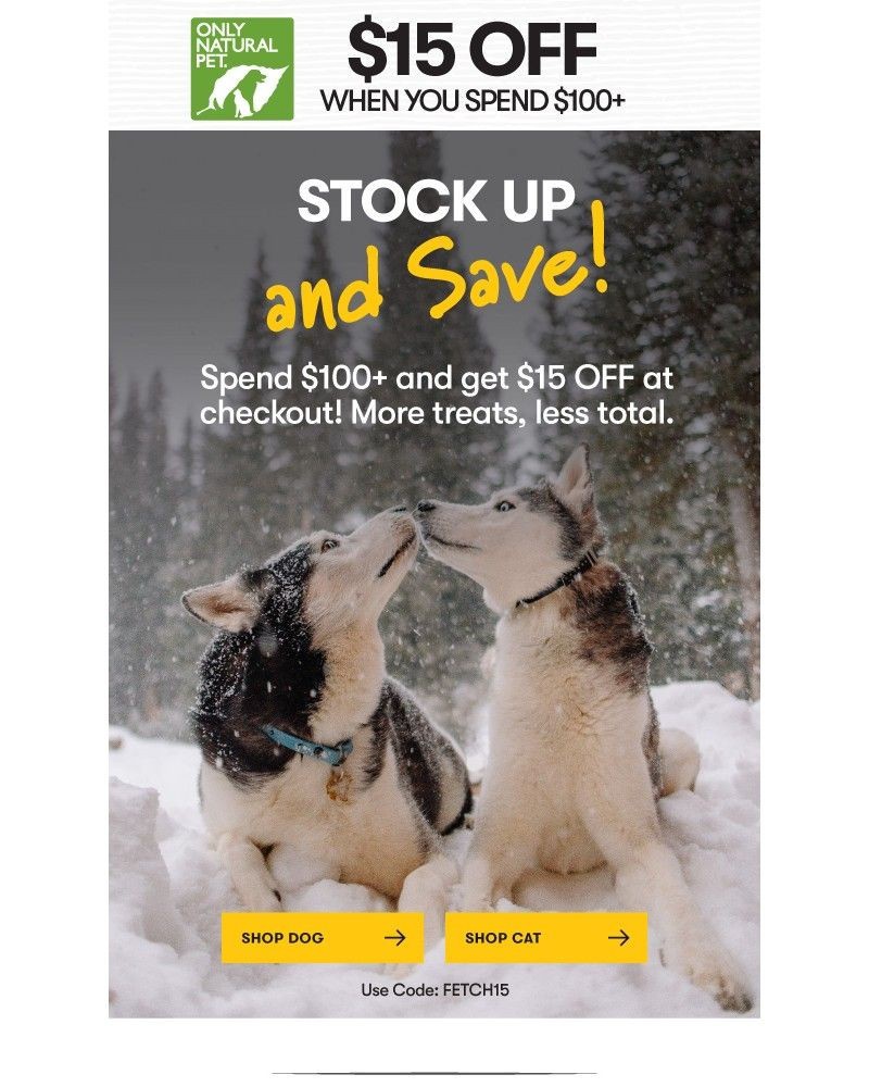 Screenshot of email sent to a Only Natural Pet Newsletter subscriber