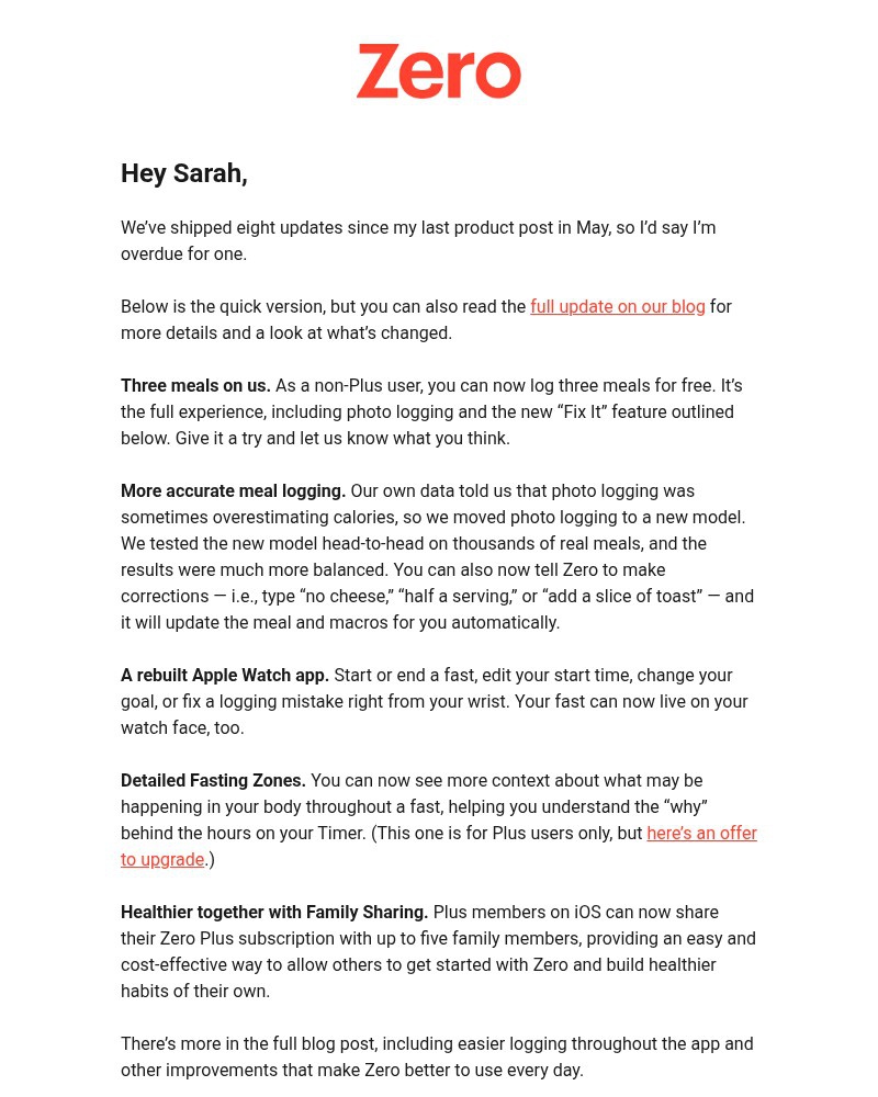 Screenshot of email sent to a Zero Registered user