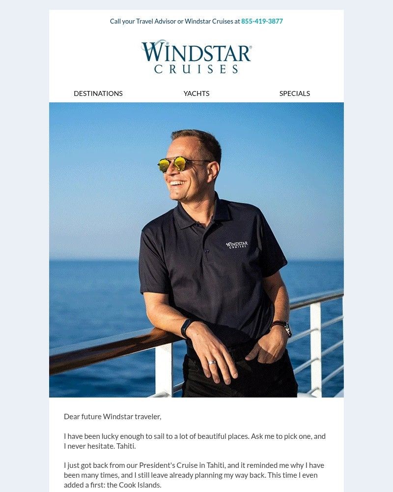 Screenshot of email sent to a Windstar Cruises Newsletter subscriber