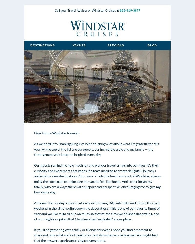 Screenshot of email sent to a Windstar Cruises Newsletter subscriber
