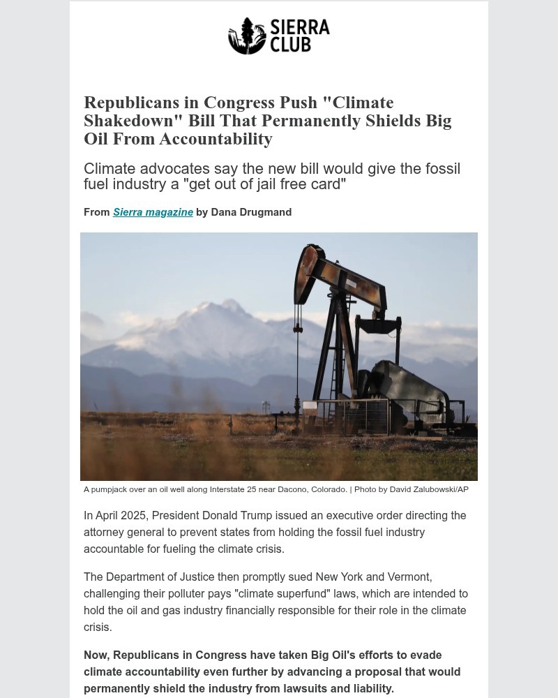 Screenshot of email sent to a Sierra Club Newsletter subscriber