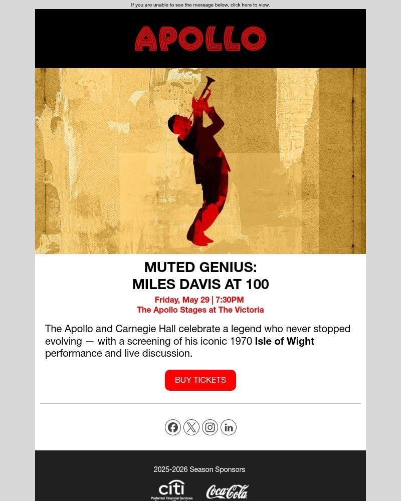 Screenshot of email sent to a Apollo Theater Newsletter subscriber