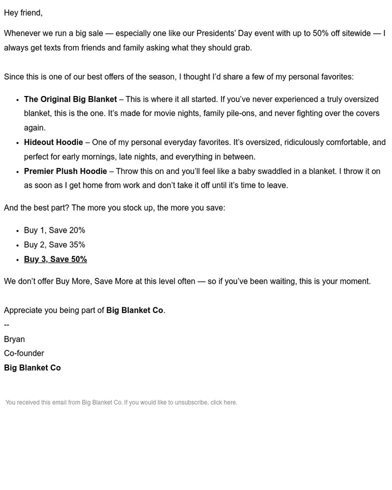 Screenshot of email sent to a Big Blanket Co. Newsletter subscriber