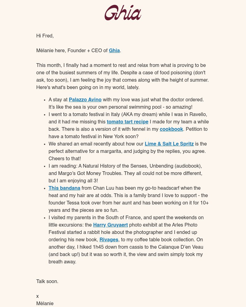 Screenshot of email sent to a Ghia Newsletter subscriber