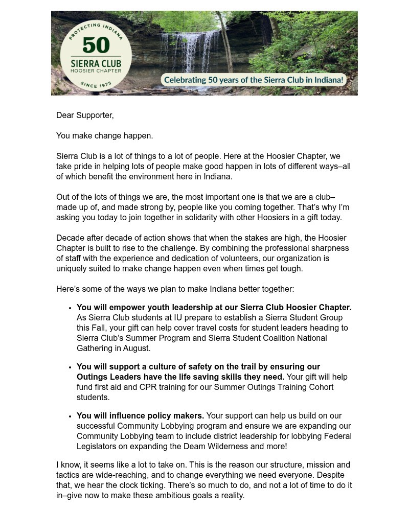 Screenshot of email sent to a Sierra Club Newsletter subscriber